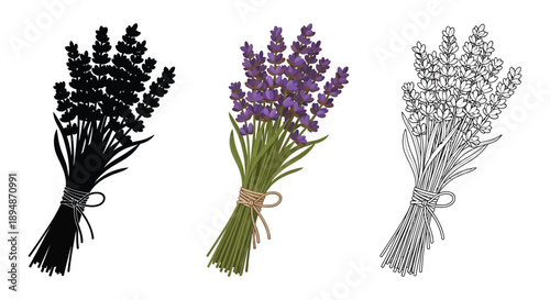 Lavender flower bouquet illustration set in silhouette, color, and outline styles