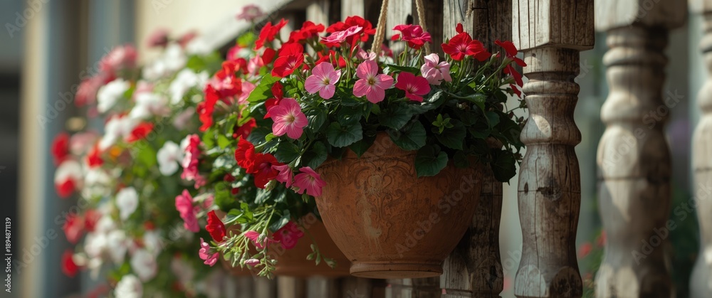 Fototapeta premium Bright geranium blooms in red, pink, and white in a hanging pot on balcony fence, close-up view