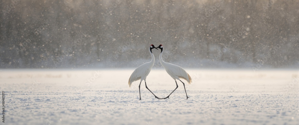 Fototapeta premium Pair of Red-crowned cranes, Grus japonensis, in the snow in Hokkaido, Japan. Beautiful bird in its natural environment. Wildlife scene with snow-covered forest.