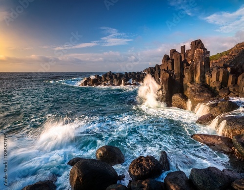 vivid ocean waves splashing against rugged rocks on jeju island capturing the raw power and beauty of nature
