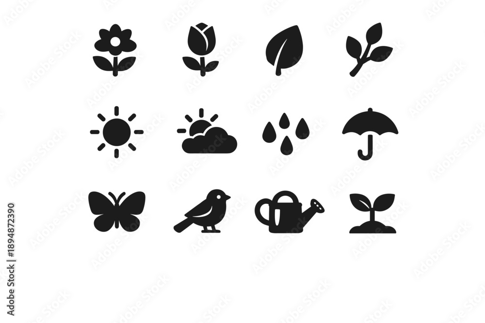 Obraz premium Minimal black silhouette icon set featuring flowers, leaves, sun, clouds, raindrops, umbrella, butterfly, bird, watering can, and seedling