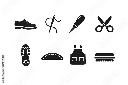 Minimal black silhouettes of footwear and shoemaking tools including shoe, needle, awl, scissors, sole imprint, stitch line, apron, and brush