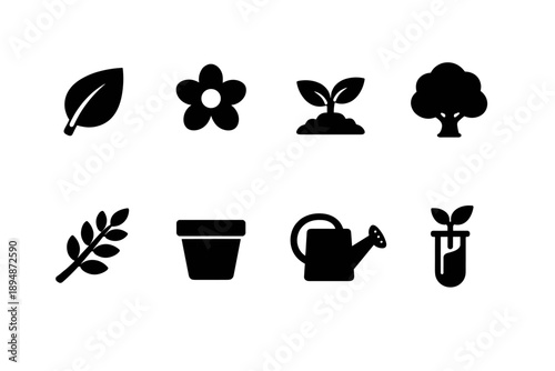 Set of black gardening and nature icons featuring leaf, flower, sprout, tree, branch, plant pot, watering can, and garden trowel silhouettes