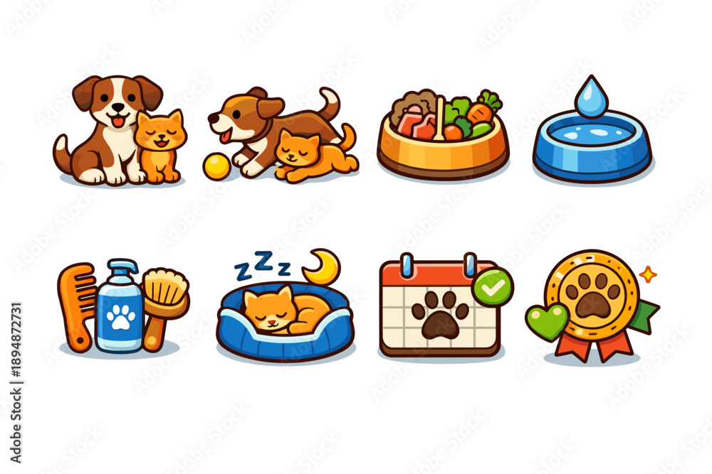 Fototapeta premium Cute pet care icon set with dogs and cats playing, eating, drinking water, grooming, sleeping, veterinary checkup, and award badge illustrations