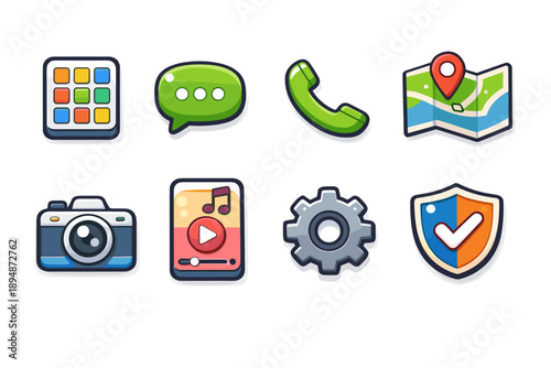 Colorful mobile app interface icons set featuring chat bubble, phone call, map pin, camera, music player, settings gear, and security shield