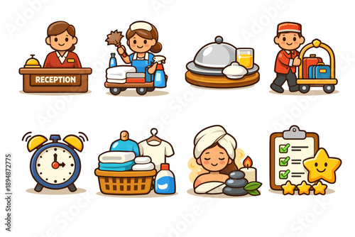 Cute hotel service icons set featuring reception desk, housekeeping cart, room service tray, bellhop luggage, alarm clock, laundry basket, spa massage, and guest reviews
