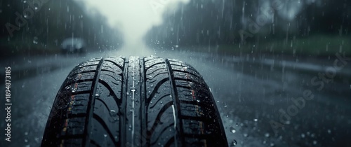Panel kuchenny z motywem Close-up of summer tire safety in rain, showcasing driving on wet roads