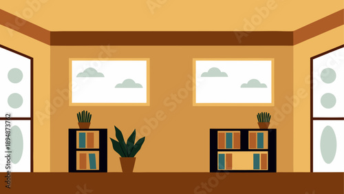 Cozy study room with bookshelves and plants