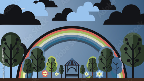 Serene park scene with rainbow