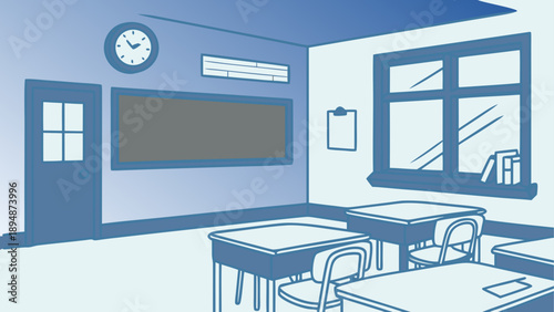 Empty classroom with chalkboard and clock