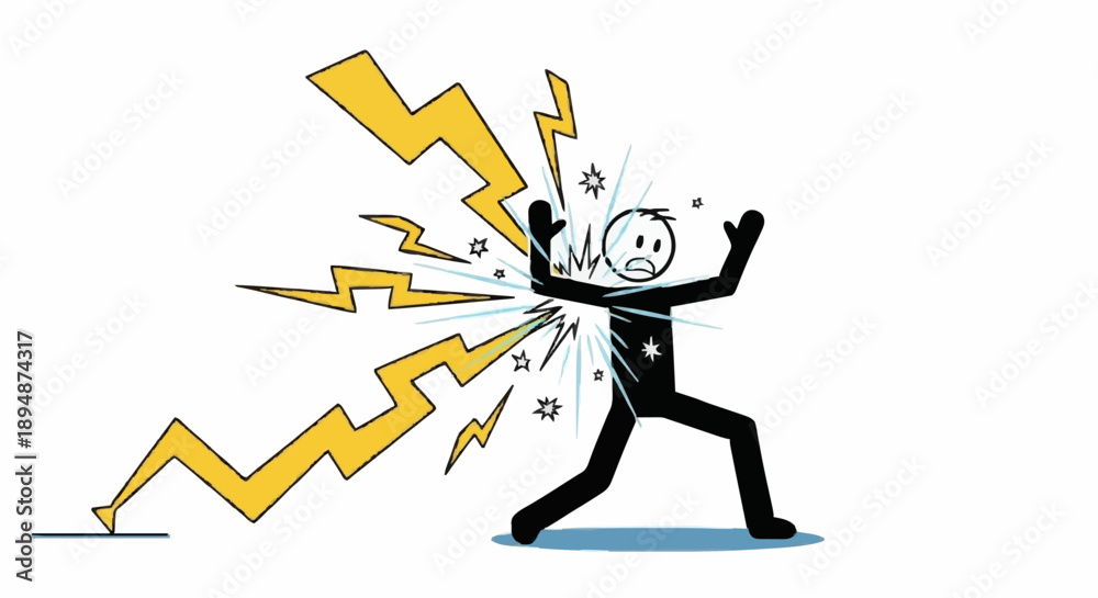 Fototapeta premium Stick figure struck by lightning with energy bolts exploding outwards.