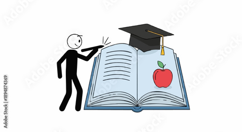Stick figure student learning from open book with apple and graduation cap.