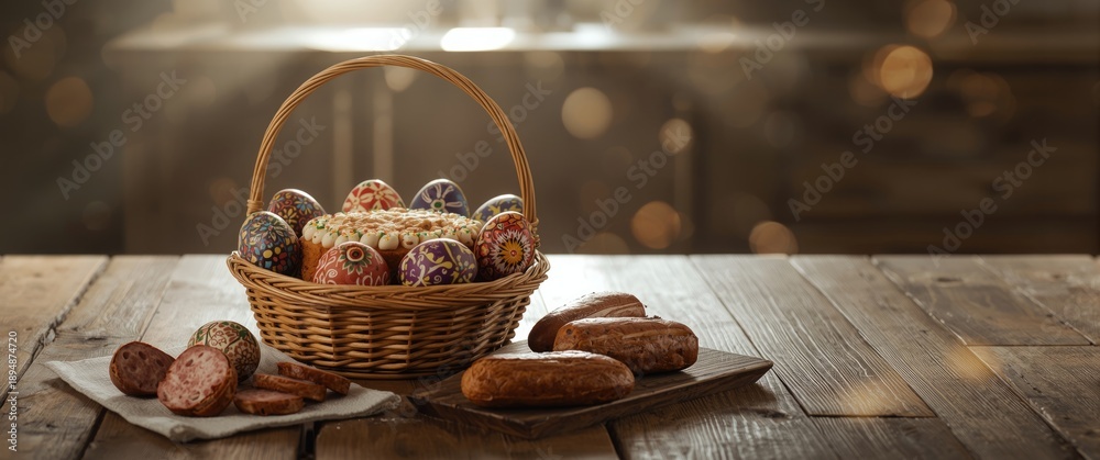 Fototapeta premium Easter basket with Ukrainian Easter cake, sausage, and ornate Easter eggs on rustic wooden table for Orthodox Easter festivities