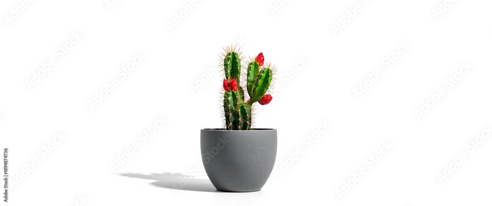Obraz premium Spiky green cactus featuring long thorns and red fruit resembling dragon fruit on a white background