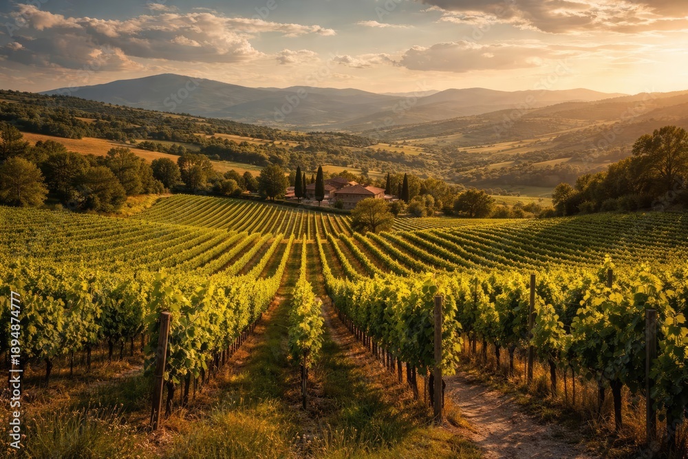 Naklejka premium Panoramic view of vineyard landscape with summer hills in far background