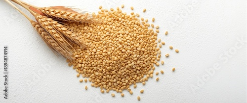 Clay pot containing wheat grains on white background, featuring texture, food, isolated, nature, concept, white, creative, agriculture, breakfast