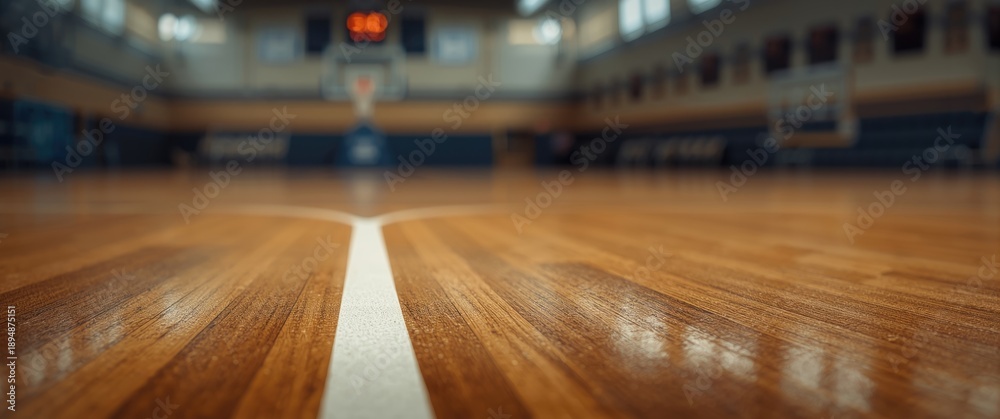 Naklejka premium Basketball court with a blurred background showcasing polished wood and white lines, highlighting the court's texture and elegance pre-game