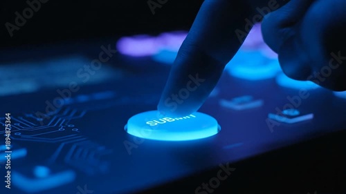 Finger pressing illuminated button futuristic technology interface close up