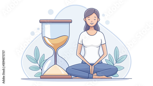 Woman Meditating Beside Hourglass