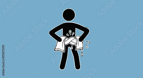 Stick figure with stomach ache and wet pants illustration.