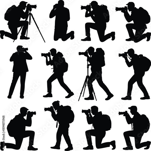 Photographer silhouettes collection capturing moments with cameras professional photojournalism media black flat vector illustration isolated set