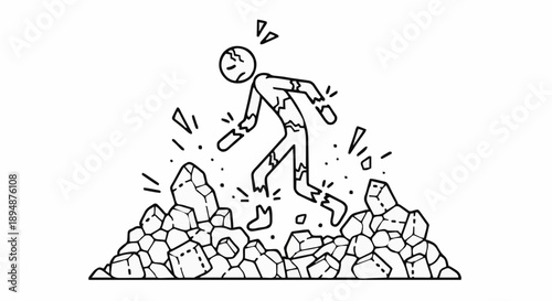 Stick figure walking through rubble and debris.