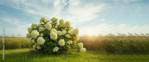 Clear summer day showcasing a mature limelight hydrangea bush in the northeast