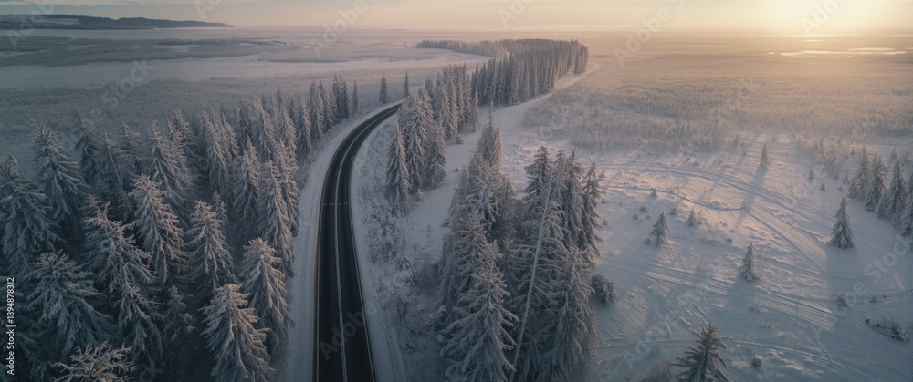 Obraz premium Road trip in Finnish Lapland's winter wonderland featuring breathtaking winter landscape taken from above
