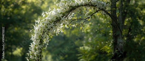 Late summer in GA USA: Sweet Autumn Clematis (Clematis terniflora) flowering on vine climbing the tree, fragrant and beautiful