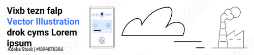 Smart technology, climate change, industry pollution, environmental impact, emission control, sustainability. A smart climate control device, cloud icon and factory smoke illustration. Climate