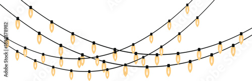 Warm christmas string lights on black cables, isolated on transparent background