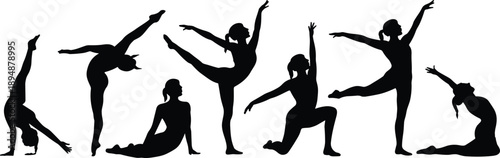 Female dancer silhouettes performing ballet contemporary poses graceful movement black flat vector illustration isolated set collection design