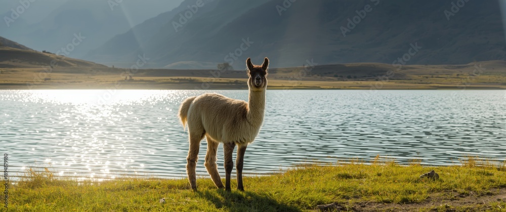 Fototapeta premium Alpaca by Colorado Lagoon in Salt Lake, Bolivia
