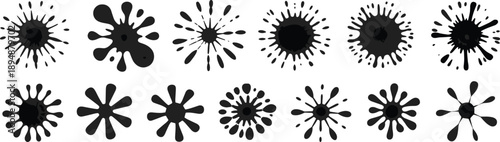 Abstract black ink splatter shapes collection, organic paint blot patterns, grunge artistic stains set, creative design elements isolated white background