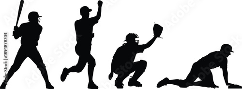 Baseball player silhouettes in action batting pitching catching sliding sports competition black flat vector illustration isolated set design collection background