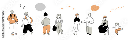 いろんな年齢の人々_カップル,男性,女性,キッズ,シニア,おしゃべり＆ハミング＆いい時間｜グレー×やわらかオレンジ,ハンドドローイング,ベクターイラスト｜People of all ages,vector illustration
