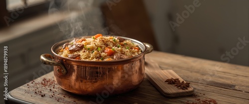 Pig-iron copper prepared rice and meat pilaf