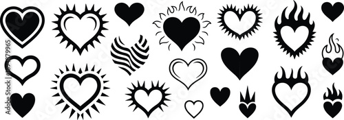 Black heart icons collection, bold love and passion symbols set, modern flat vector silhouettes, romantic graphic elements, white background