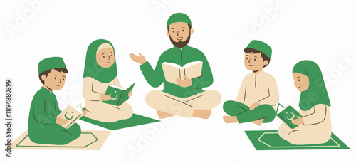 Muslim teacher reading the Quran to a group of children sitting in a circle, flat vector illustration representing Islamic education and religious learning