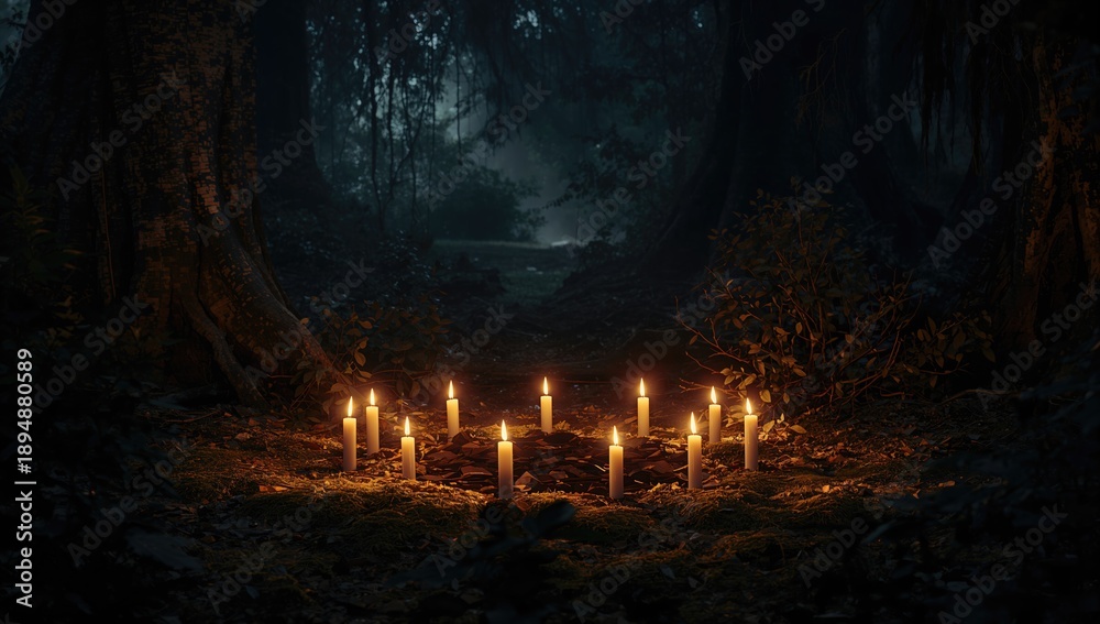 Obraz premium Flickering candles among trees in a dark natural background, highlighting spiritual rituals and esoteric practices, World Spirituality Day