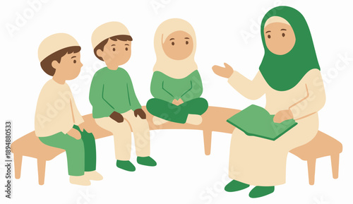 Muslim woman teaching children while sitting on a bench and reading the Quran, flat vector illustration about Islamic teaching and moral education