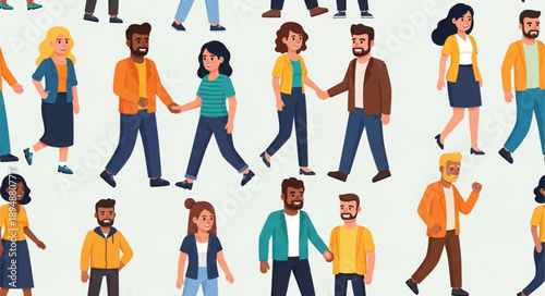 Diverse group of people walking and interacting together.