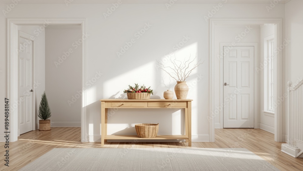 Obraz premium Farmhouse entryway decorated for holiday with white wall and wooden console, seasonal charm