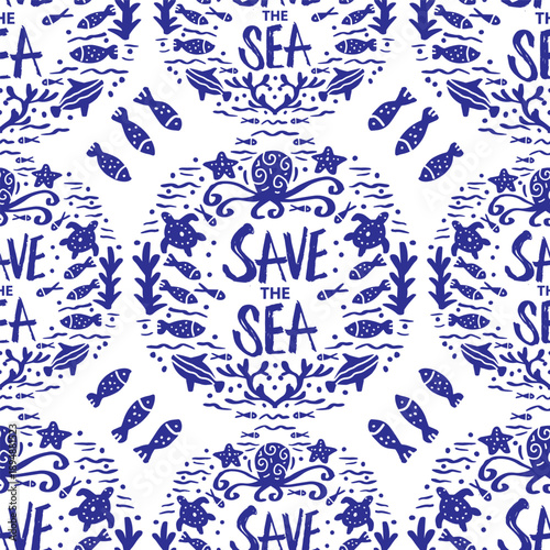Seamless pattern with fish, seaweeds and lettering Save the sea.