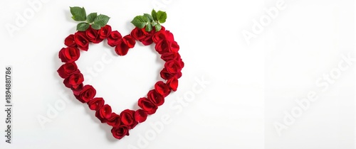 Red rose petals arranged in a heart shape with leaves acting as devils horns on a white background