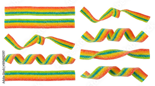 Photos a dynamic collection of rainbow sour belt candies in various twisted and wavy formations against a plain transparent background