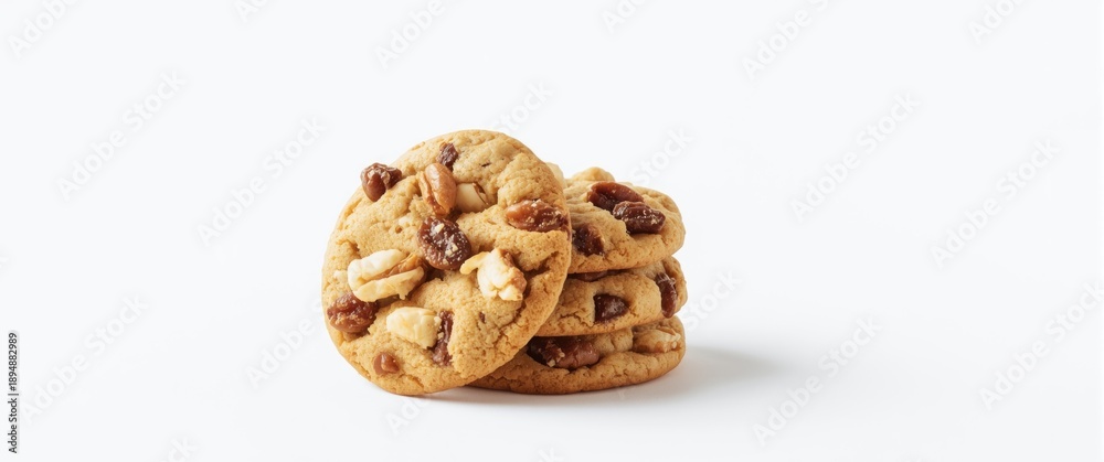 Obraz premium Raisin and Macadamia Nut Cookies stacked on a white backdrop
