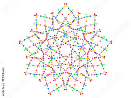 Colorful molecular structure model with nodes and connections, isolated on transparent background