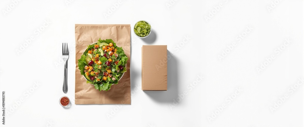 Fototapeta premium Mockup design of salad, bag, and container box set isolated on white background. Space for text and logo. Clipping Path included.