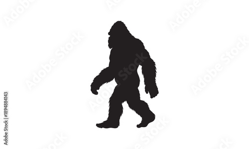 Silhouette of a walking Bigfoot or Sasquatch against a white background.